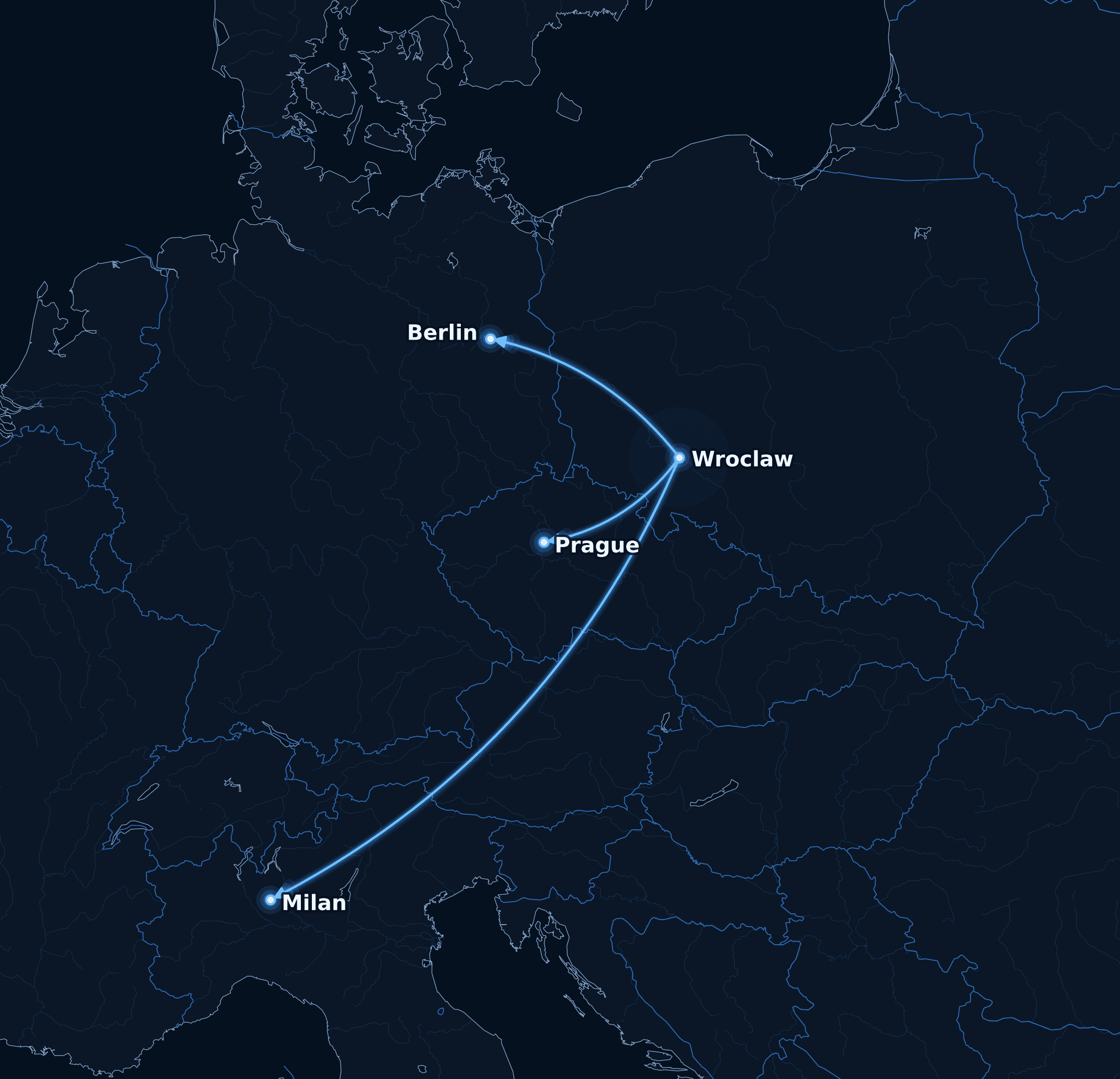 Mapa Europy z trasami do Wrocławia